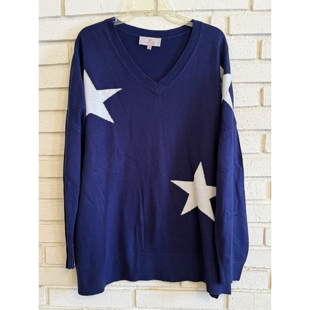 Laurie Felt Women's Cashmere Blend Intarsia V-Neck Sweater Top Blue Size 1X